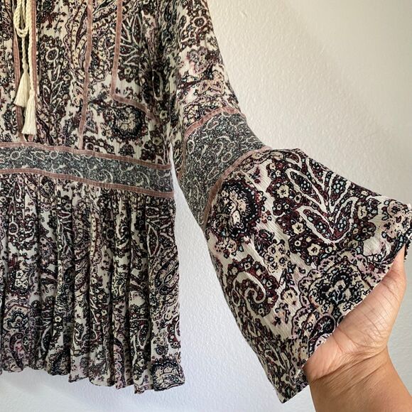 American Eagle Peasant Womens Blouse Tunic Size S/P‎ Paisley Keyhole Long Sleeve - Picture 2 of 10
